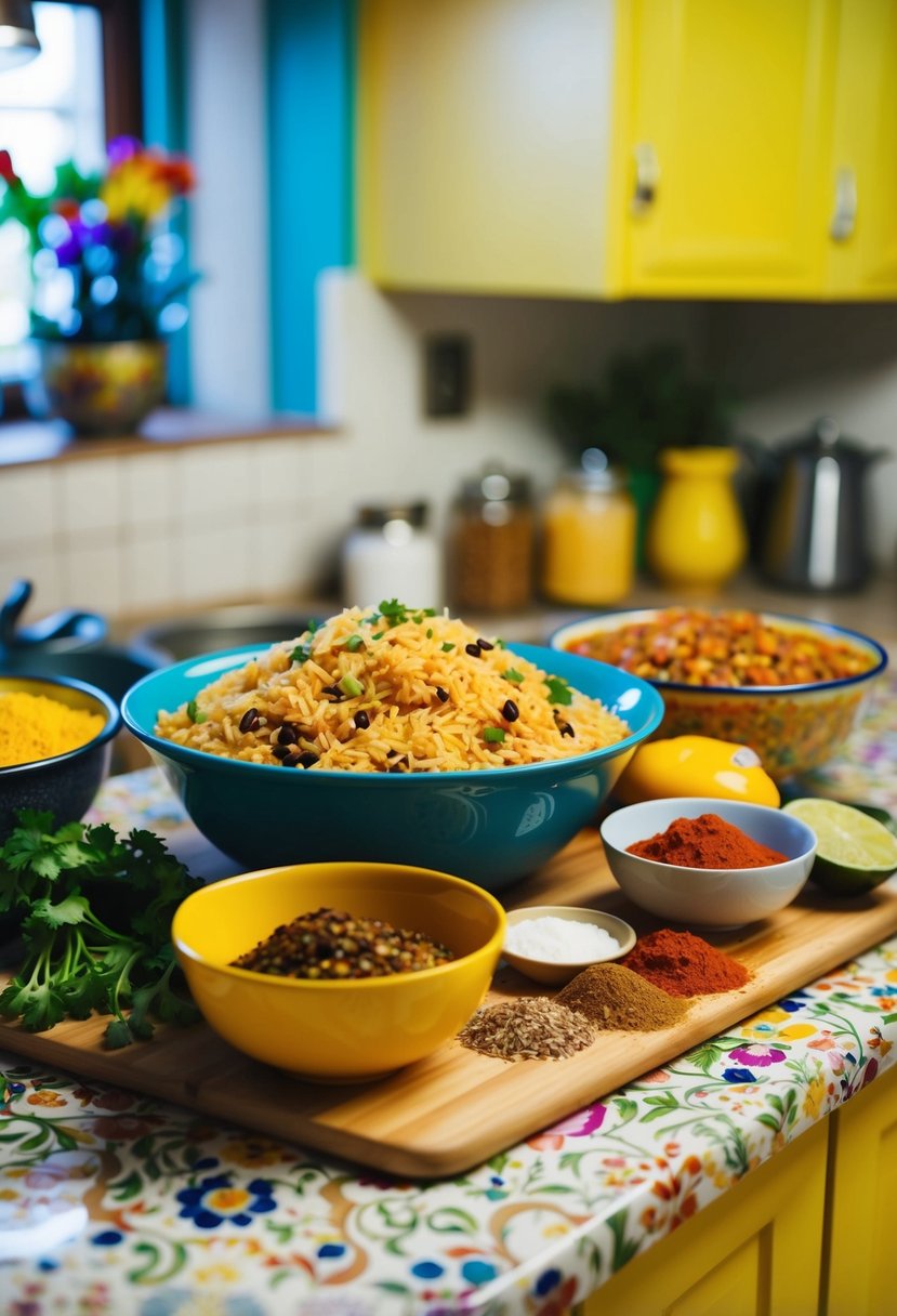 A colorful kitchen counter displays ingredients for Puerto Rican rice and beans, including a vibrant bowl of sofrito and assorted spices