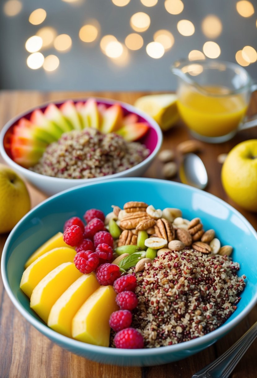 A colorful breakfast bowl with quinoa, nuts, and fruit arranged in an appealing and appetizing manner