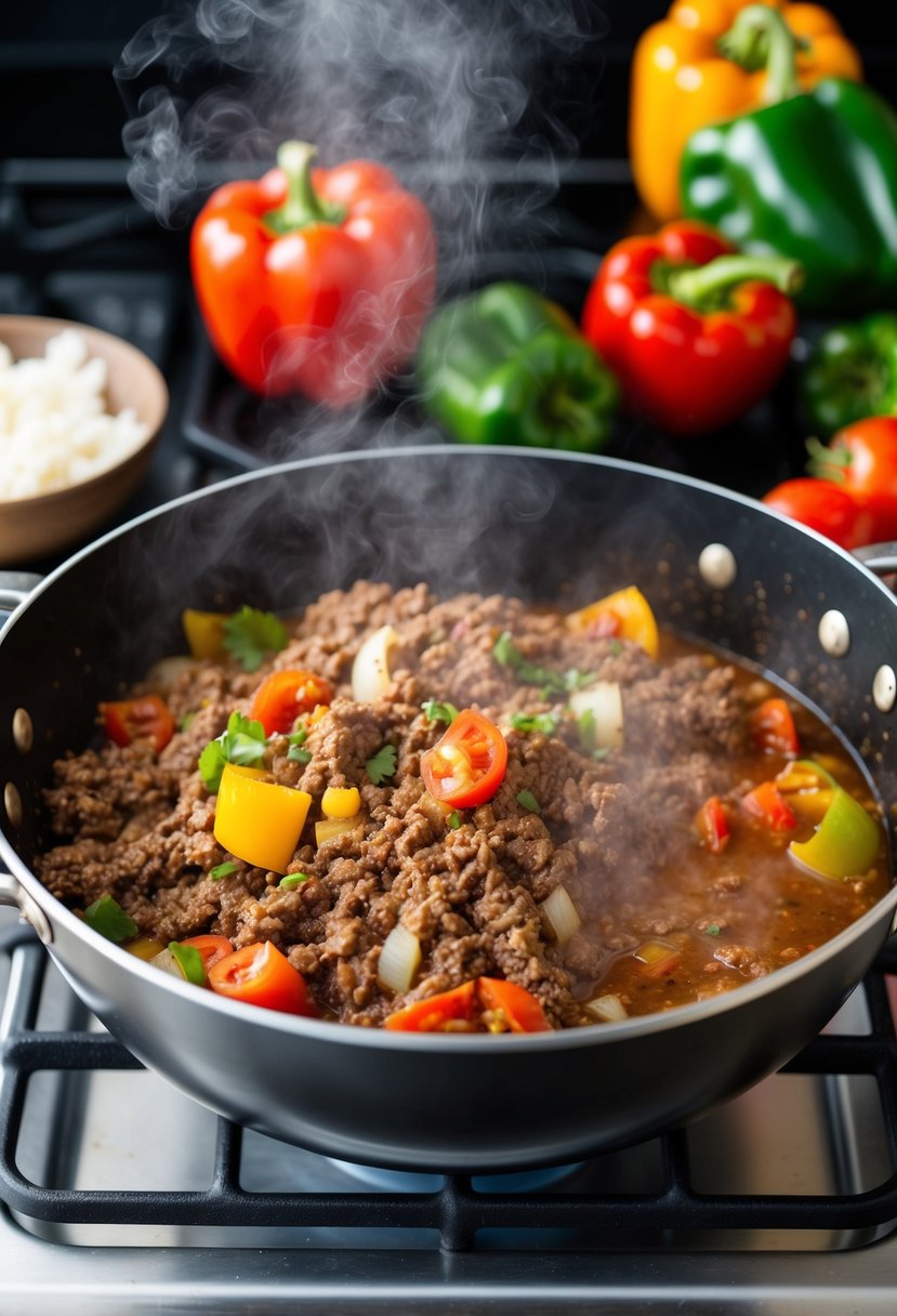 A pot simmering on a stove, filled with ground beef, onions, peppers, and tomatoes, while a fragrant aroma of sofrito fills the air