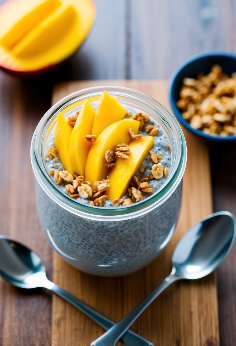 A glass jar filled with chia seed pudding topped with slices of ripe mango and a sprinkle of granola, set on a wooden table with a spoon beside it