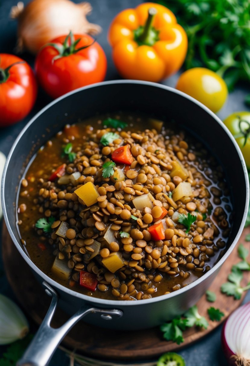 Lentils simmering in a pot with aromatic sofrito, surrounded by fresh ingredients like onions, peppers, and tomatoes