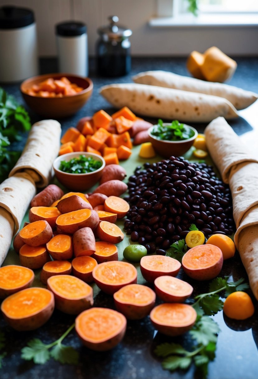 A colorful array of sweet potatoes, black beans, and other fresh ingredients spread out on a kitchen counter, ready to be rolled into breakfast burritos