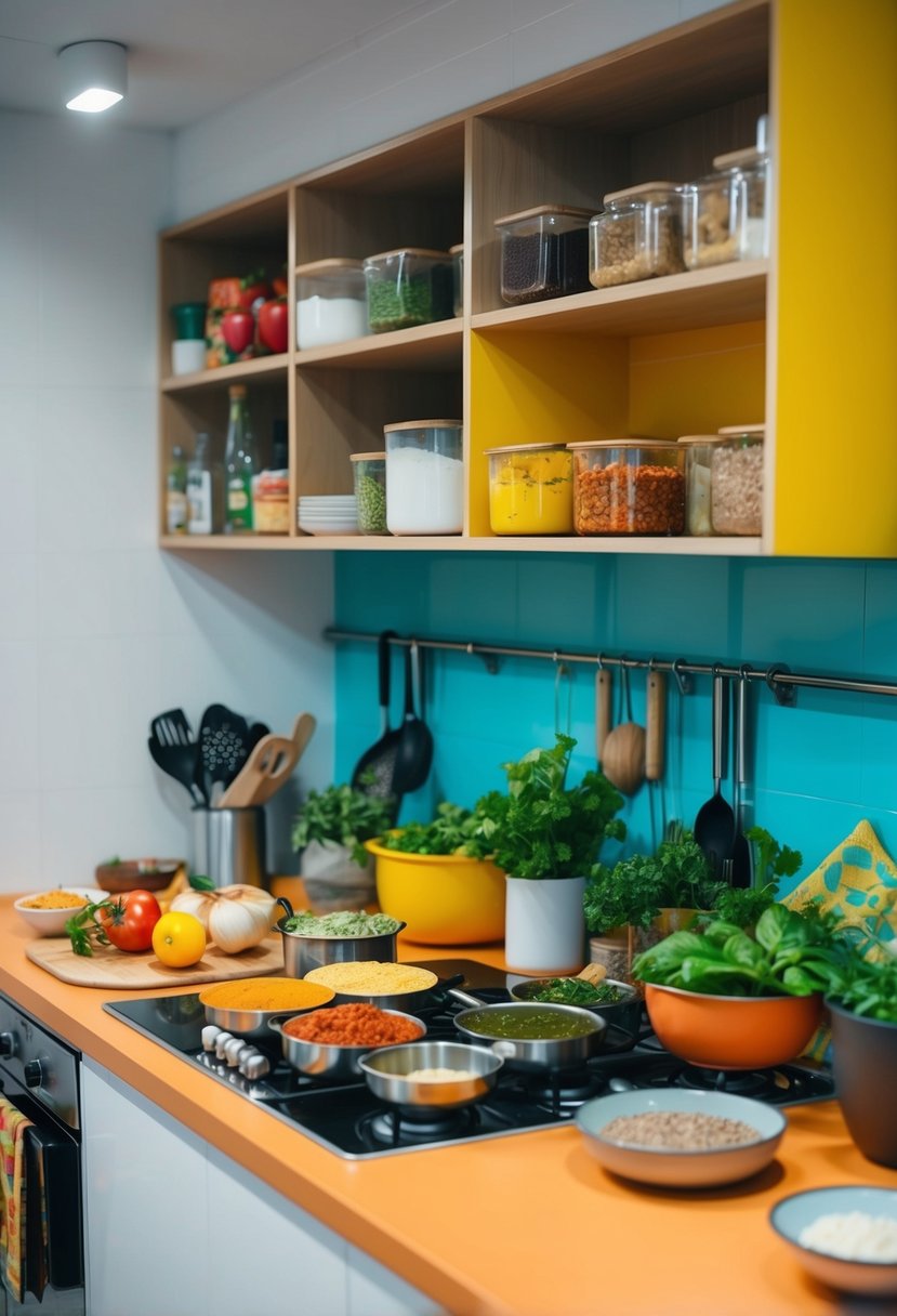 A colorful kitchen counter with various ingredients and utensils for making Spanish Sofrito Enchiladas