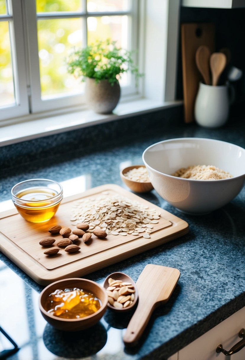 A kitchen countertop with a cutting board, mixing bowl, and ingredients like oats, almonds, and honey. Sunlight streams in through a window, creating a warm and inviting atmosphere