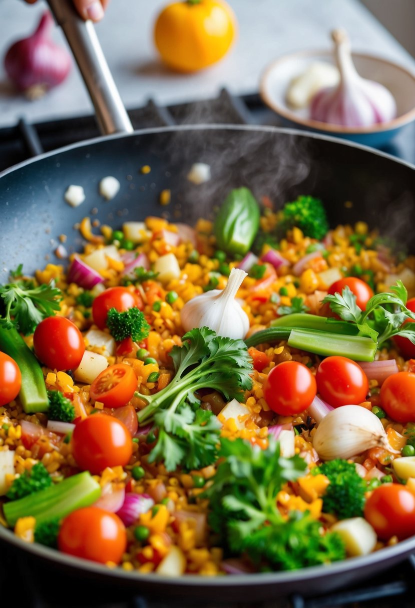 A colorful array of fresh vegetables, garlic, onions, and tomatoes being sautéed in a pan, creating a fragrant sofrito base for a traditional Paella recipe