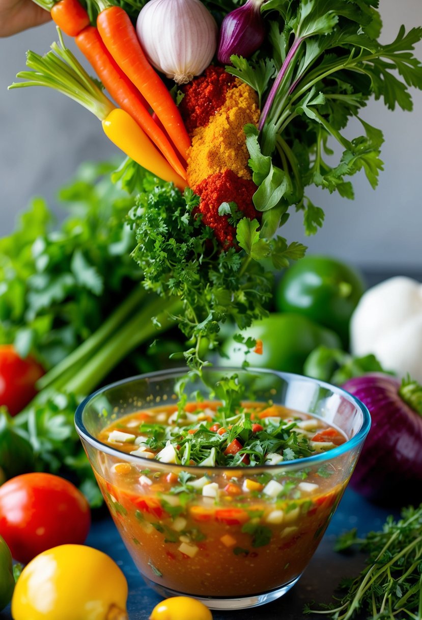 A colorful array of fresh vegetables, herbs, and spices being blended together to create a vibrant and flavorful sofrito-infused gazpacho