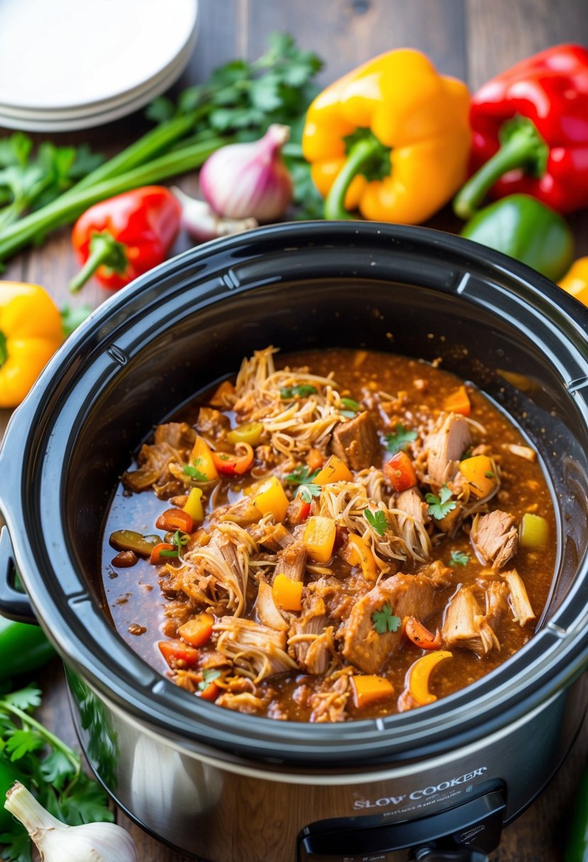 A slow cooker filled with pulled pork simmering in a rich sofrito sauce, surrounded by vibrant, fresh ingredients like peppers, onions, and garlic