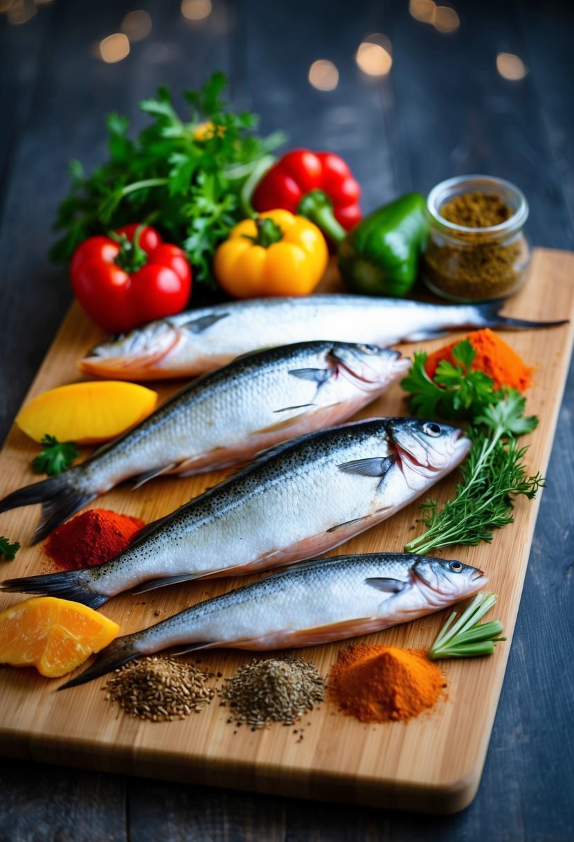 Fresh fish, colorful vegetables, and aromatic herbs and spices arranged on a wooden cutting board