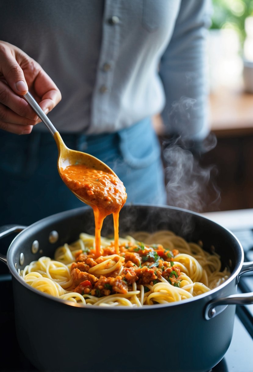 A pot of boiling pasta with a spoonful of colorful vegan sofrito sauce being poured over it