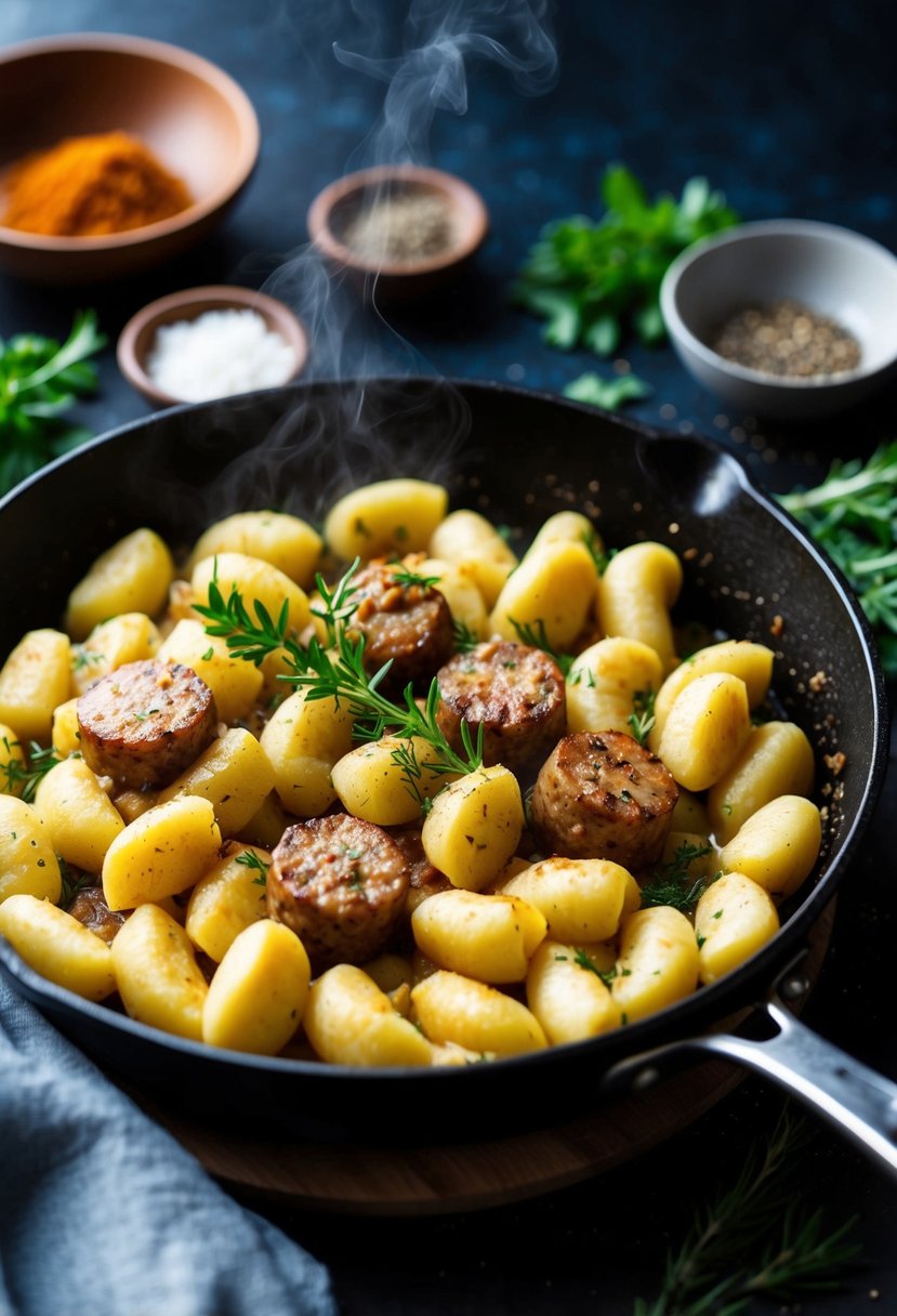 A steaming skillet of gnocchi and sausage, surrounded by fresh herbs and spices