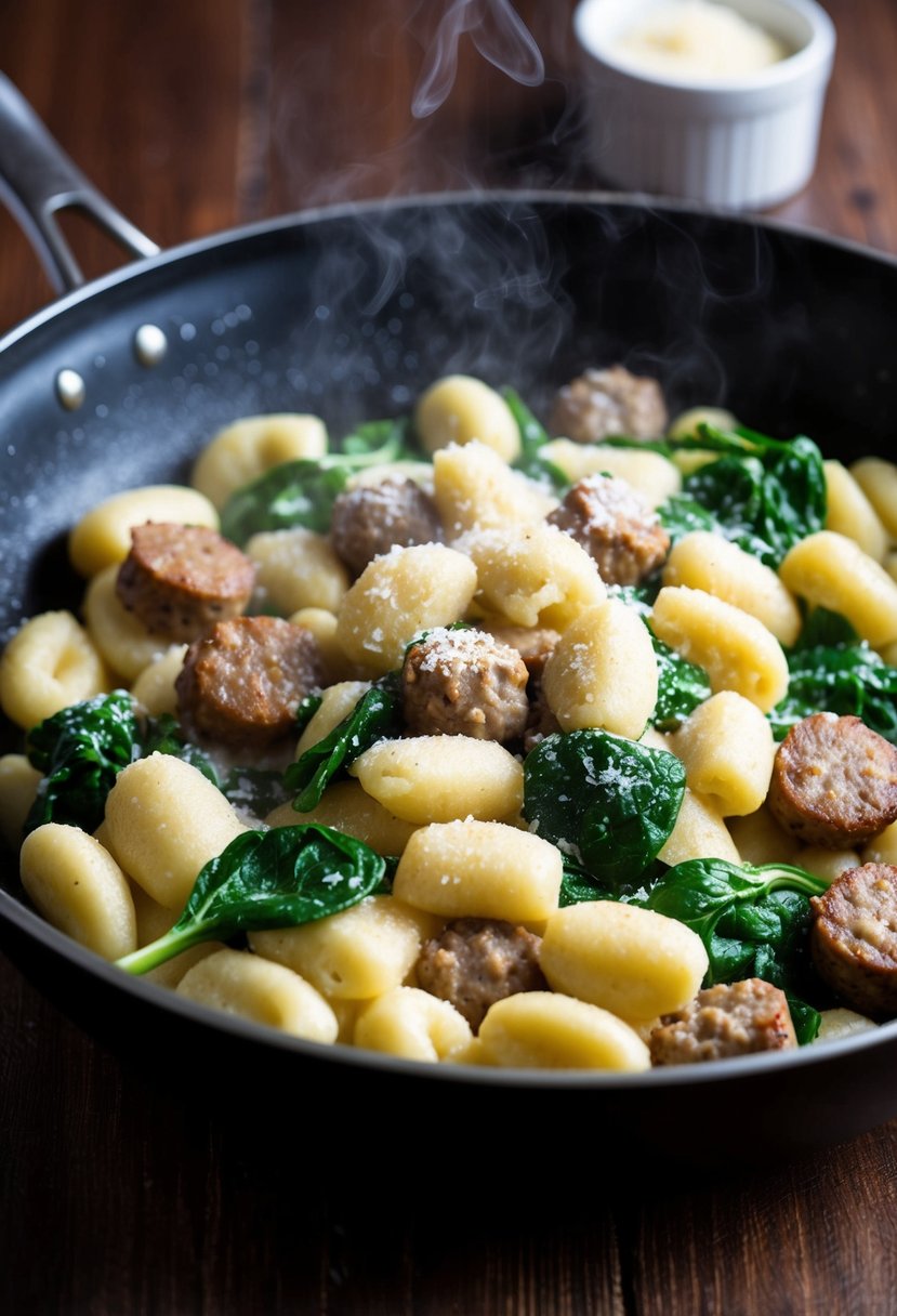 A steaming skillet of creamy gnocchi, sausage, and spinach, with a sprinkle of parmesan on top