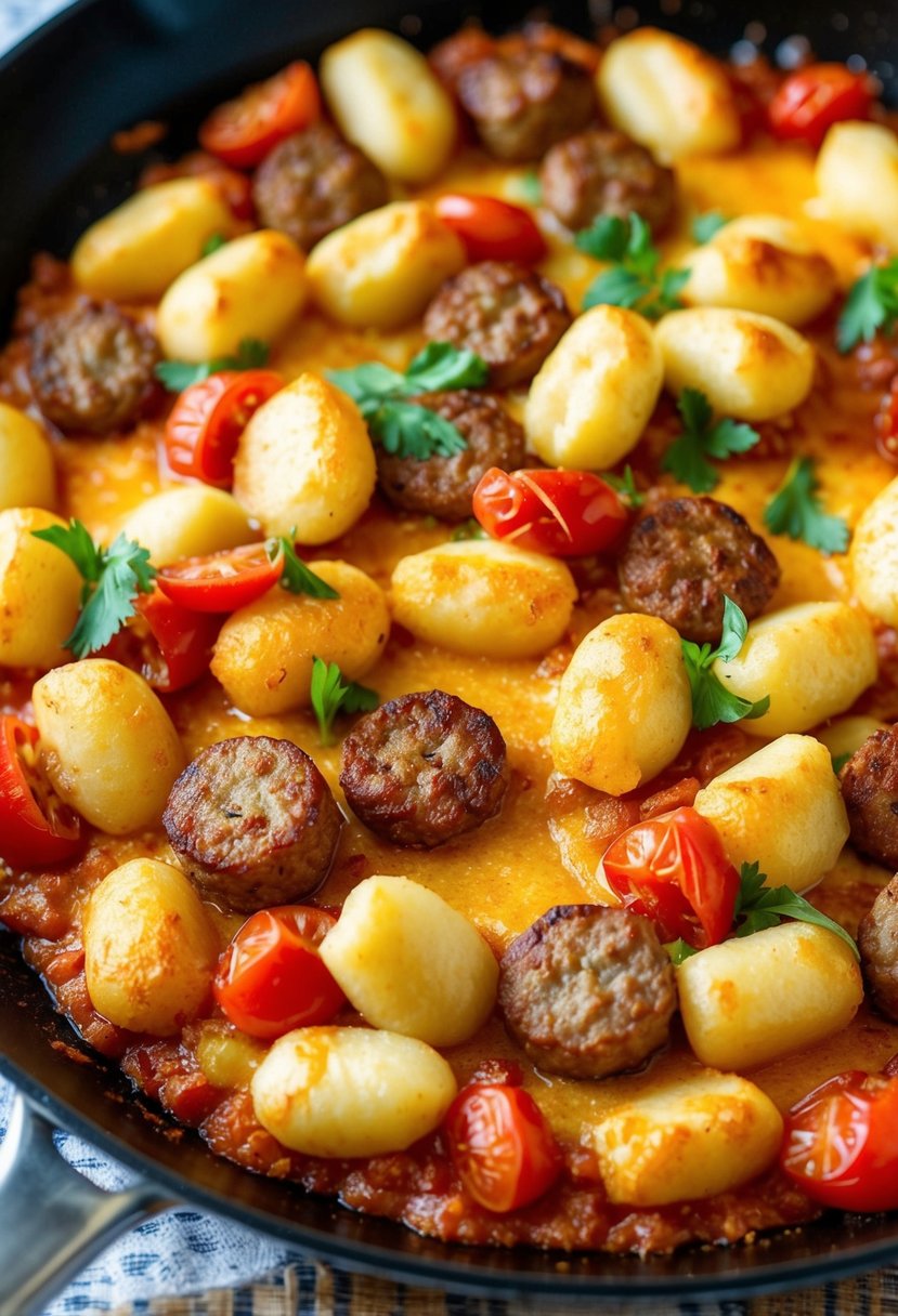 A sizzling skillet of gnocchi, sausage, and tomatoes bubbling in a golden-brown, cheesy crust