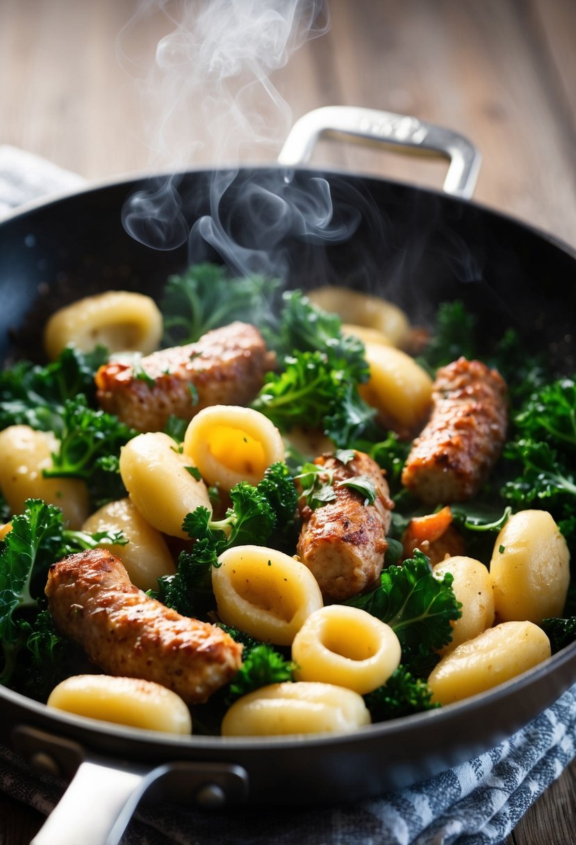 A steaming skillet of gnocchi, sausage, and kale sizzling together, emitting a mouthwatering aroma