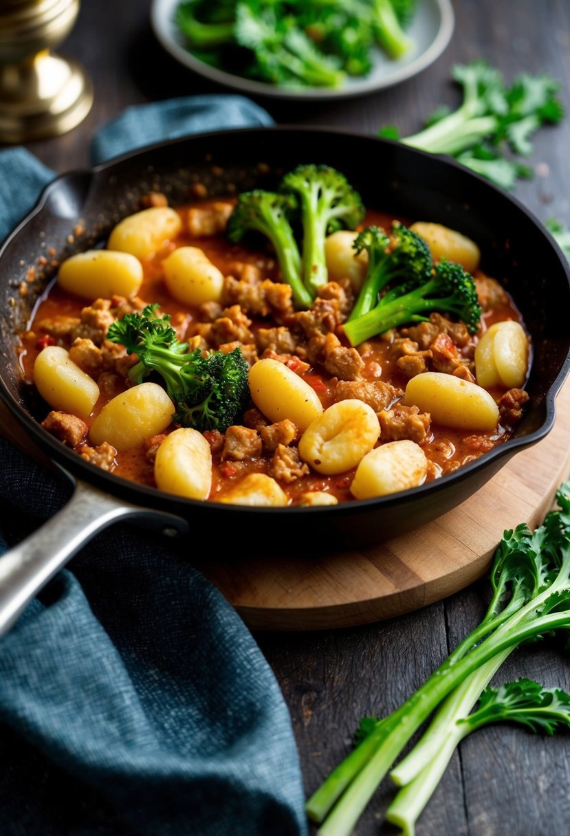 A sizzling skillet holds plump gnocchi, crumbled sausage, and vibrant green broccoli rabe, all simmering in a savory sauce