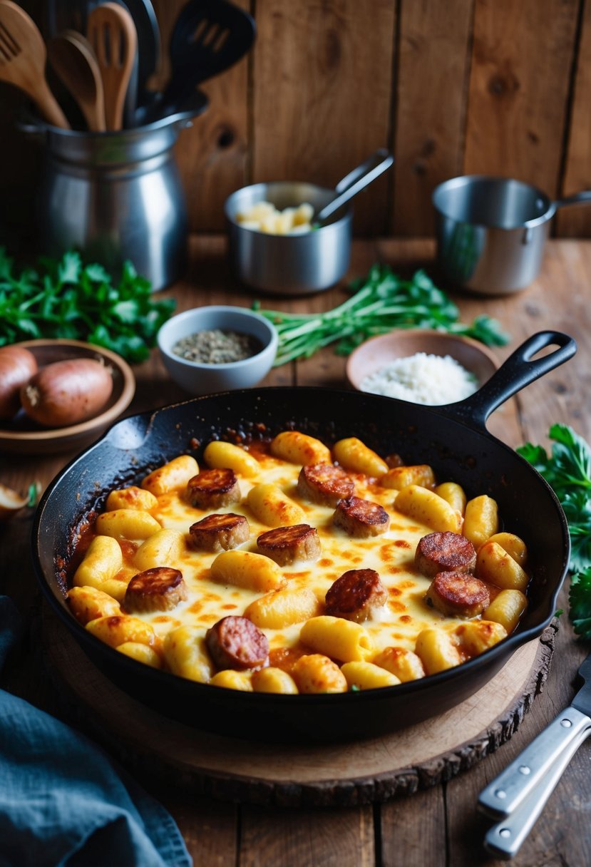 A rustic kitchen counter with a bubbling skillet of baked gnocchi, sausage, and melted cheese, surrounded by fresh ingredients and cooking utensils