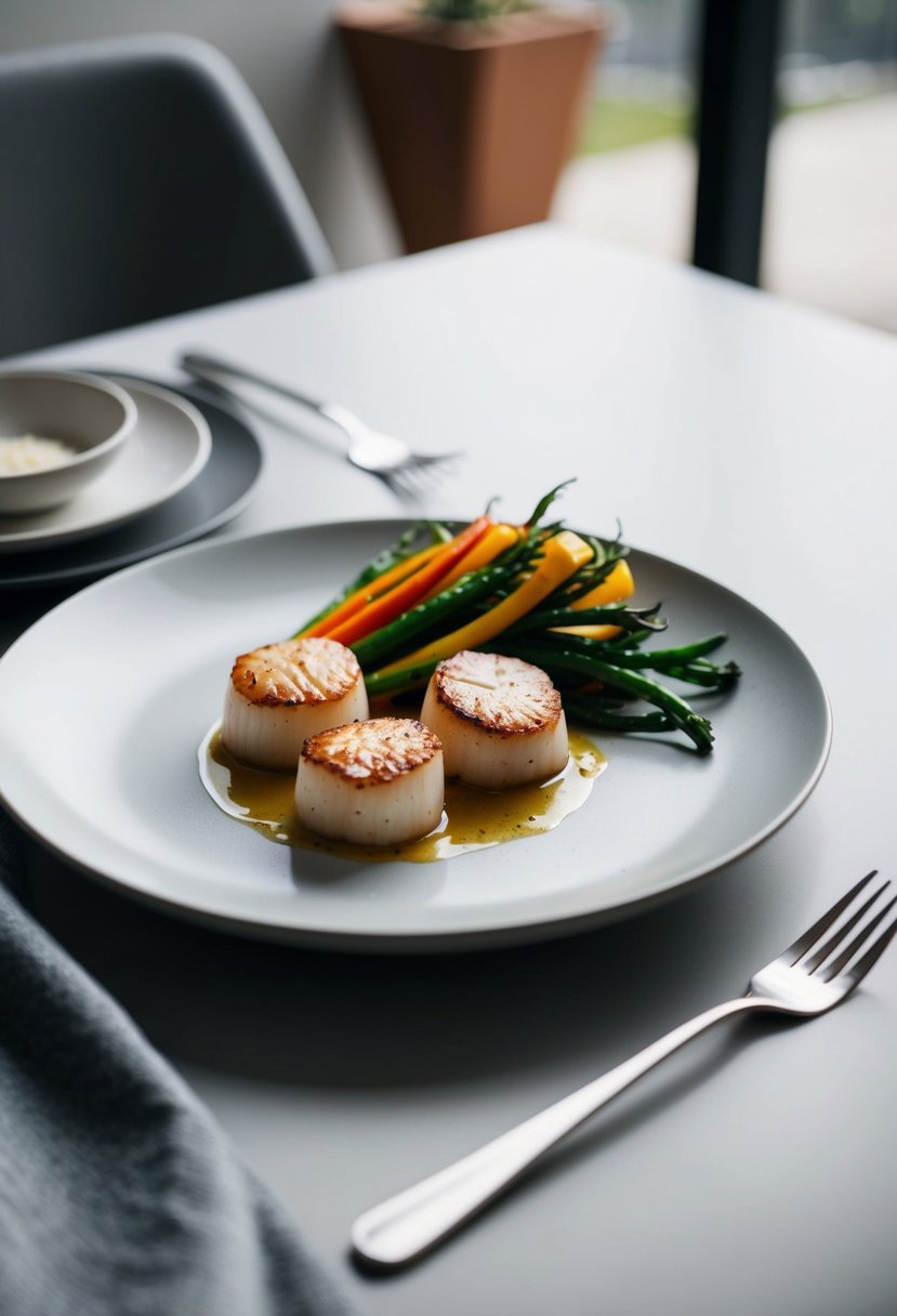 A plate of seared scallops with colorful low-carb vegetables on a modern, minimalist table setting