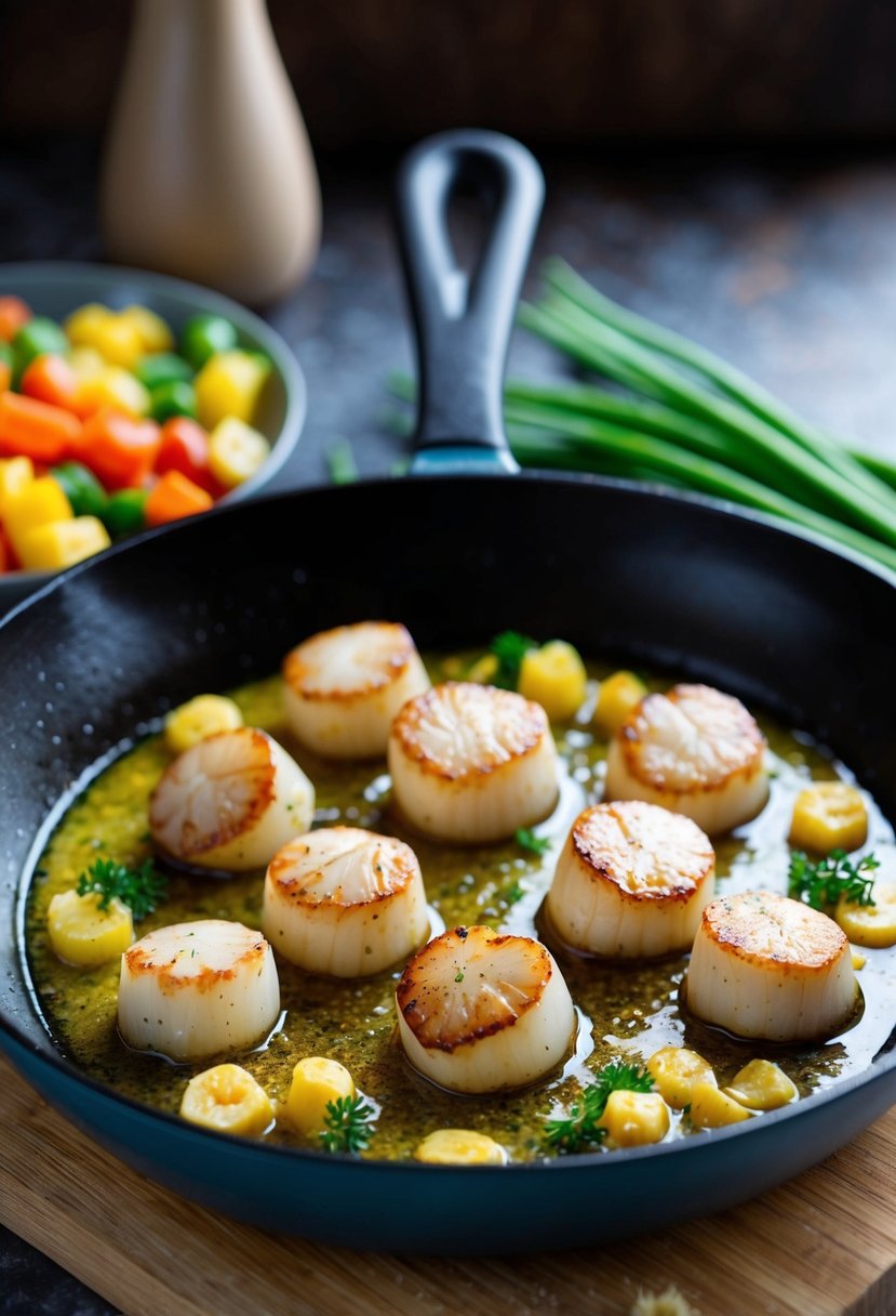 A sizzling skillet holds seared scallops in a pool of garlic butter, surrounded by colorful low-carb vegetables