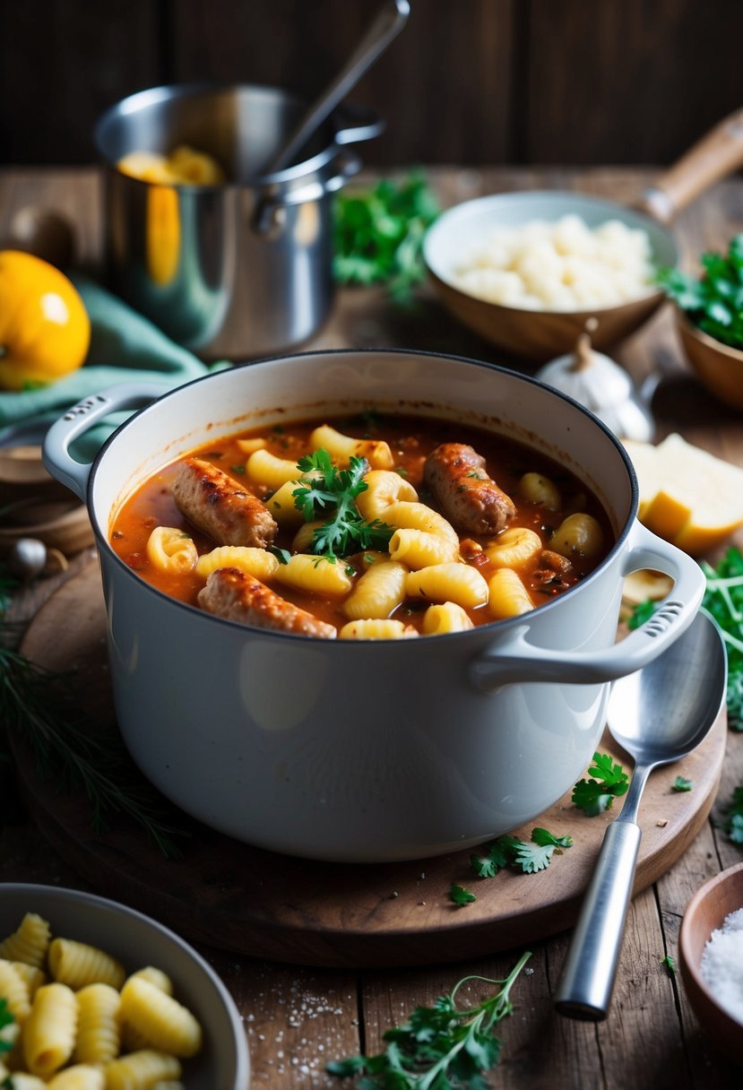 A rustic kitchen scene with a pot of simmering Tuscan Sausage and Gnocchi Soup, surrounded by fresh ingredients and cooking utensils