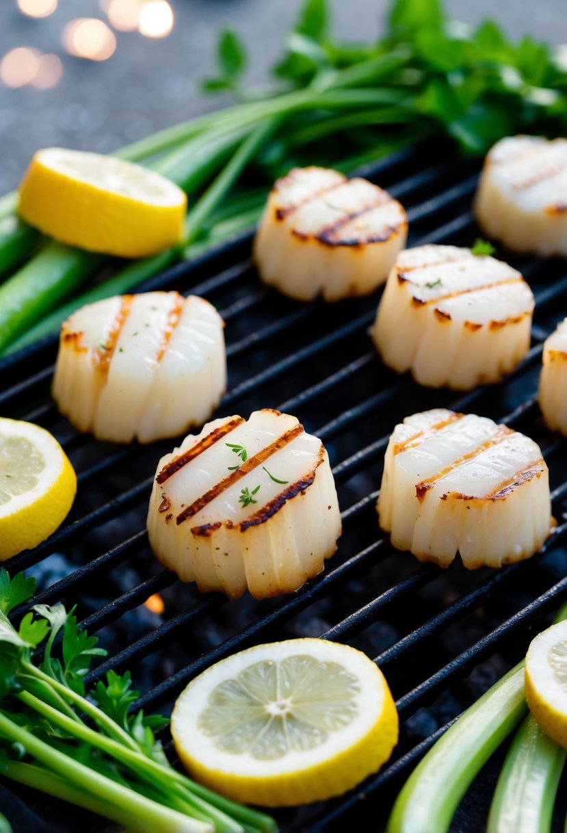 Fresh scallops on a grill with lemon slices and herbs, surrounded by low-carb vegetables