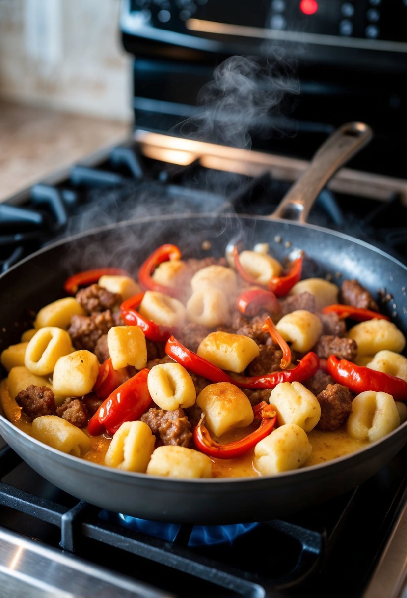 A steaming skillet of sausage gnocchi, topped with roasted red peppers, sizzling on a stovetop