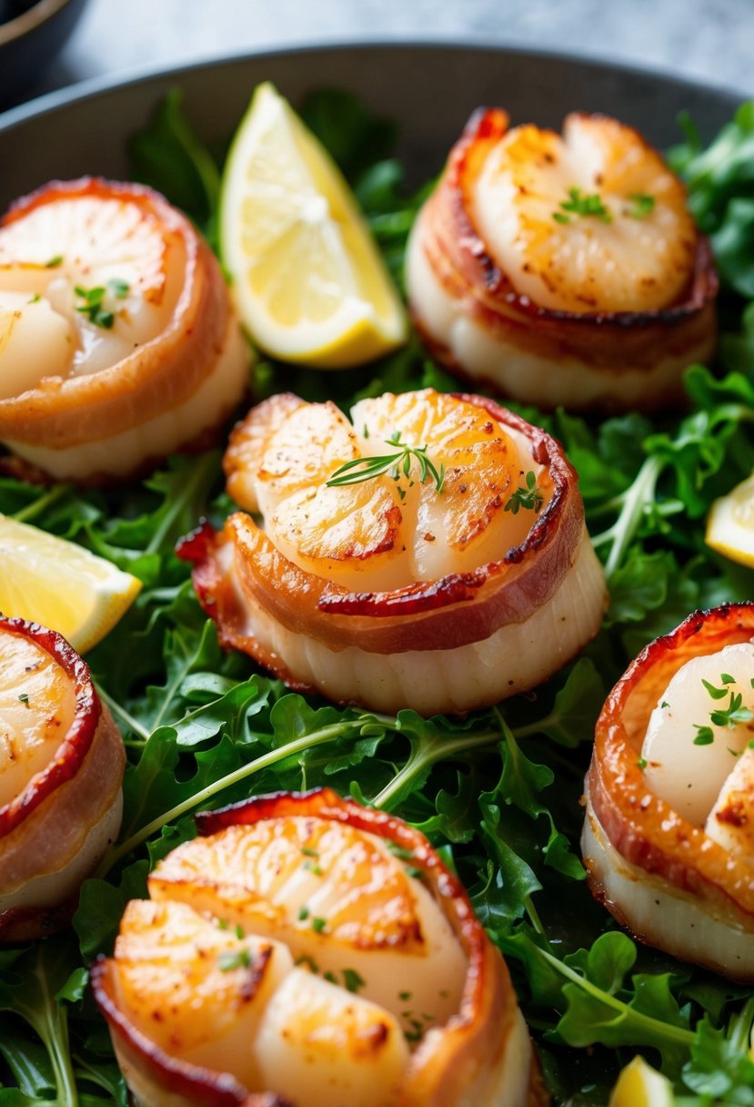 Bacon-wrapped sea scallops on a bed of greens with lemon wedges and garnish