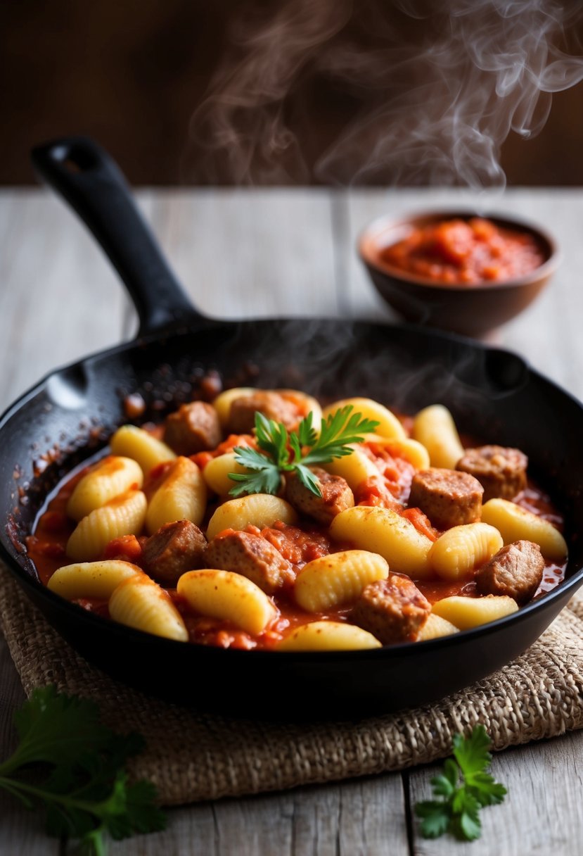 A steaming skillet of gnocchi with sausage and creamy tomato sauce