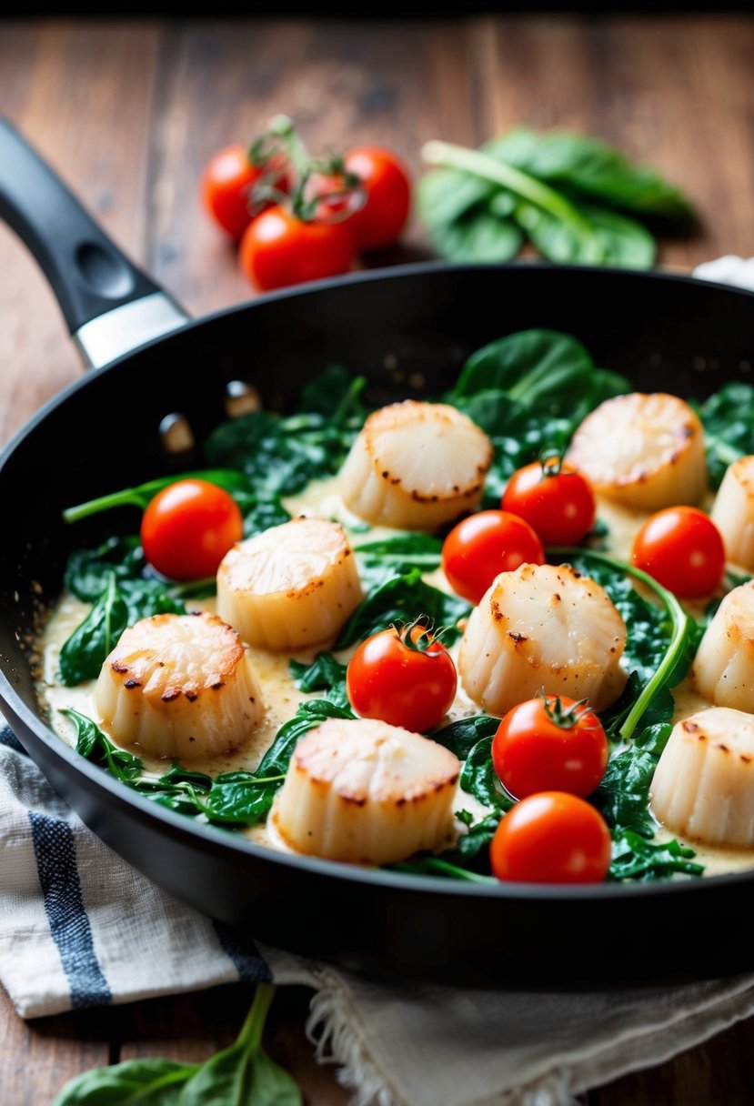 A sizzling skillet of creamy Tuscan scallops, surrounded by vibrant green spinach and juicy cherry tomatoes