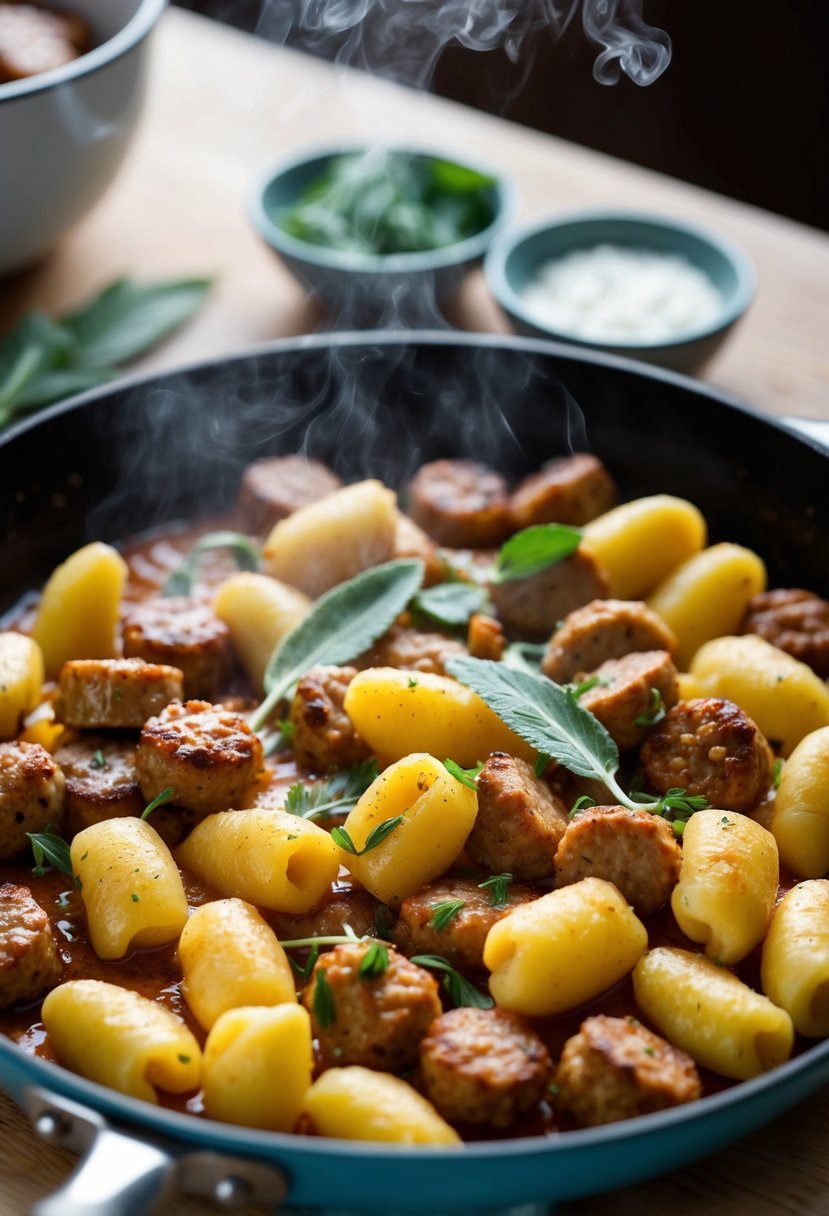 A steaming skillet of gnocchi and sausage, sizzling in a fragrant sage-infused sauce