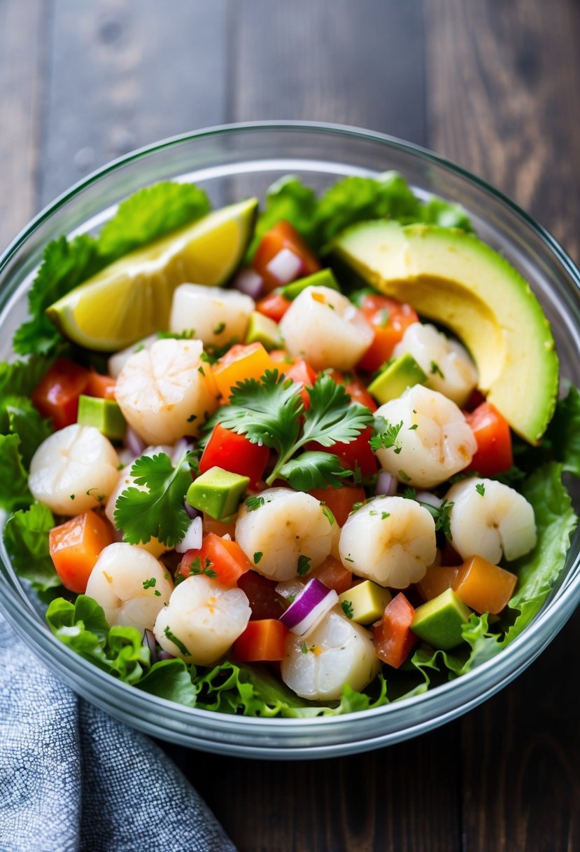 A glass bowl filled with diced scallops, mixed with citrus juice, diced tomatoes, onions, and cilantro, garnished with avocado slices and served on a bed of lettuce