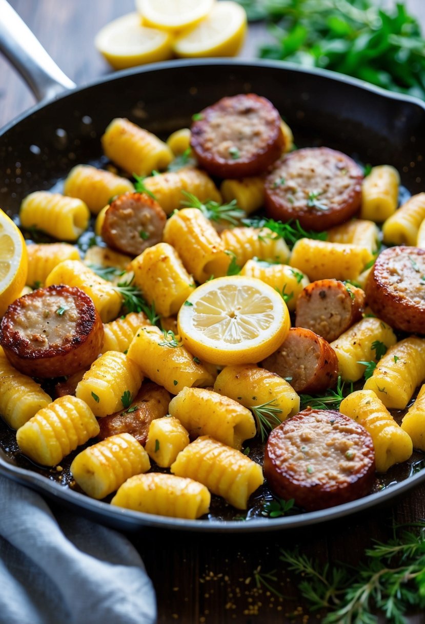 A sizzling skillet filled with golden-brown gnocchi, juicy sausage slices, and vibrant lemon slices, all surrounded by fragrant herbs and spices