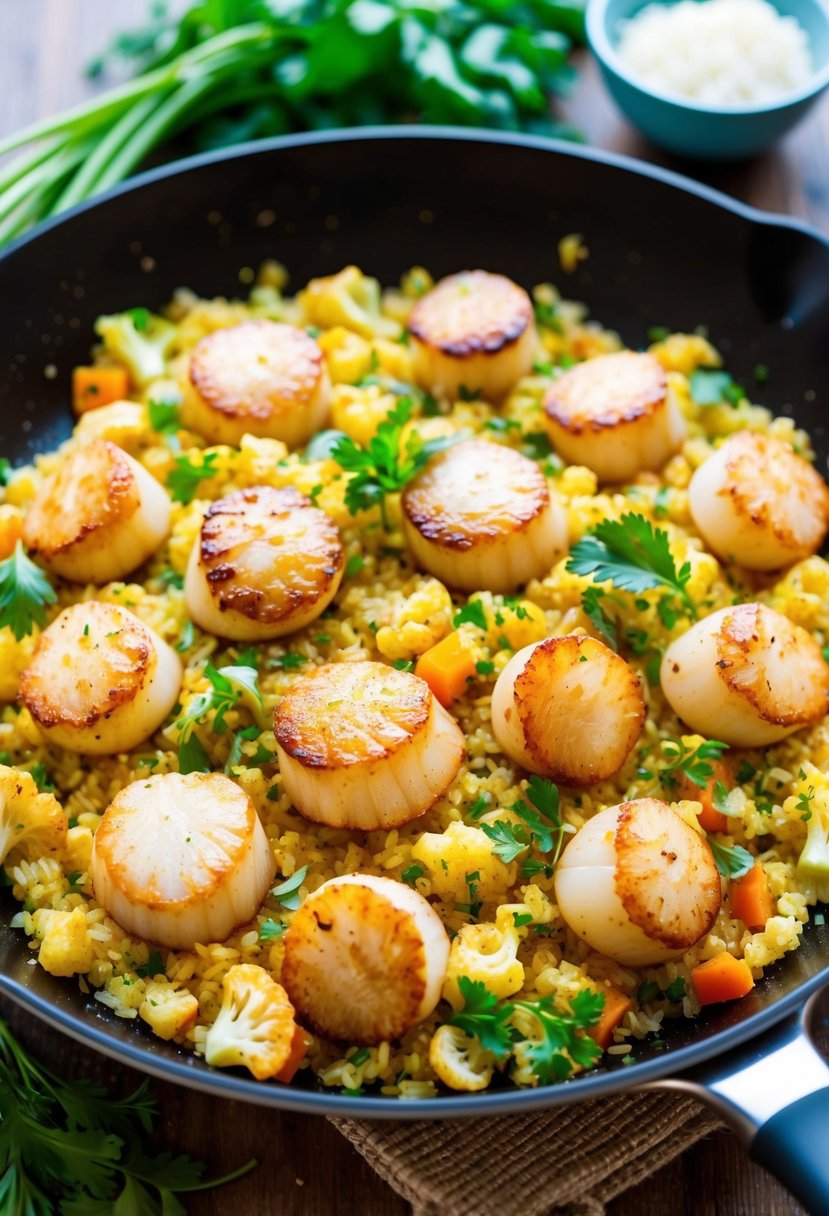 A sizzling skillet of Cajun-seasoned scallops with colorful cauliflower rice and vibrant herbs