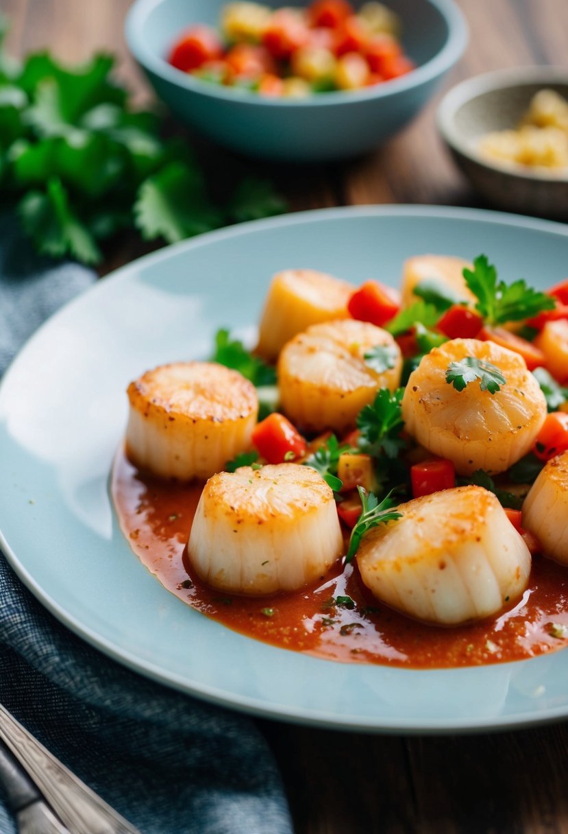 A plate of scallop puttanesca with colorful low-carb ingredients