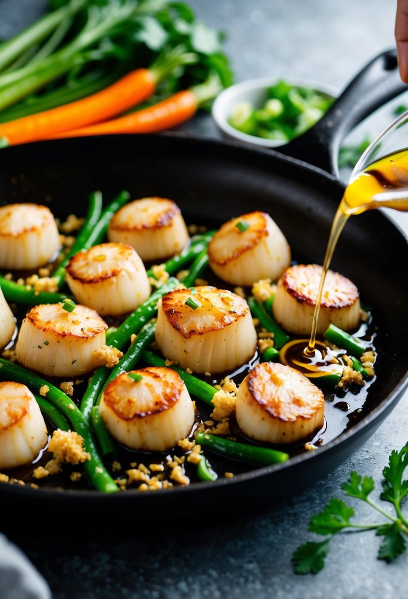 A sizzling skillet of seared scallops drizzled with ginger soy sauce, surrounded by vibrant low-carb vegetables