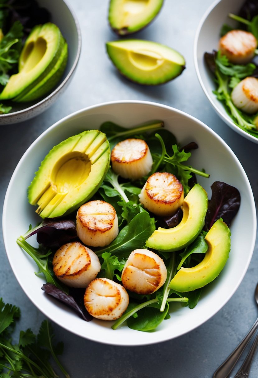 A colorful salad bowl with seared scallops, sliced avocado, and fresh greens