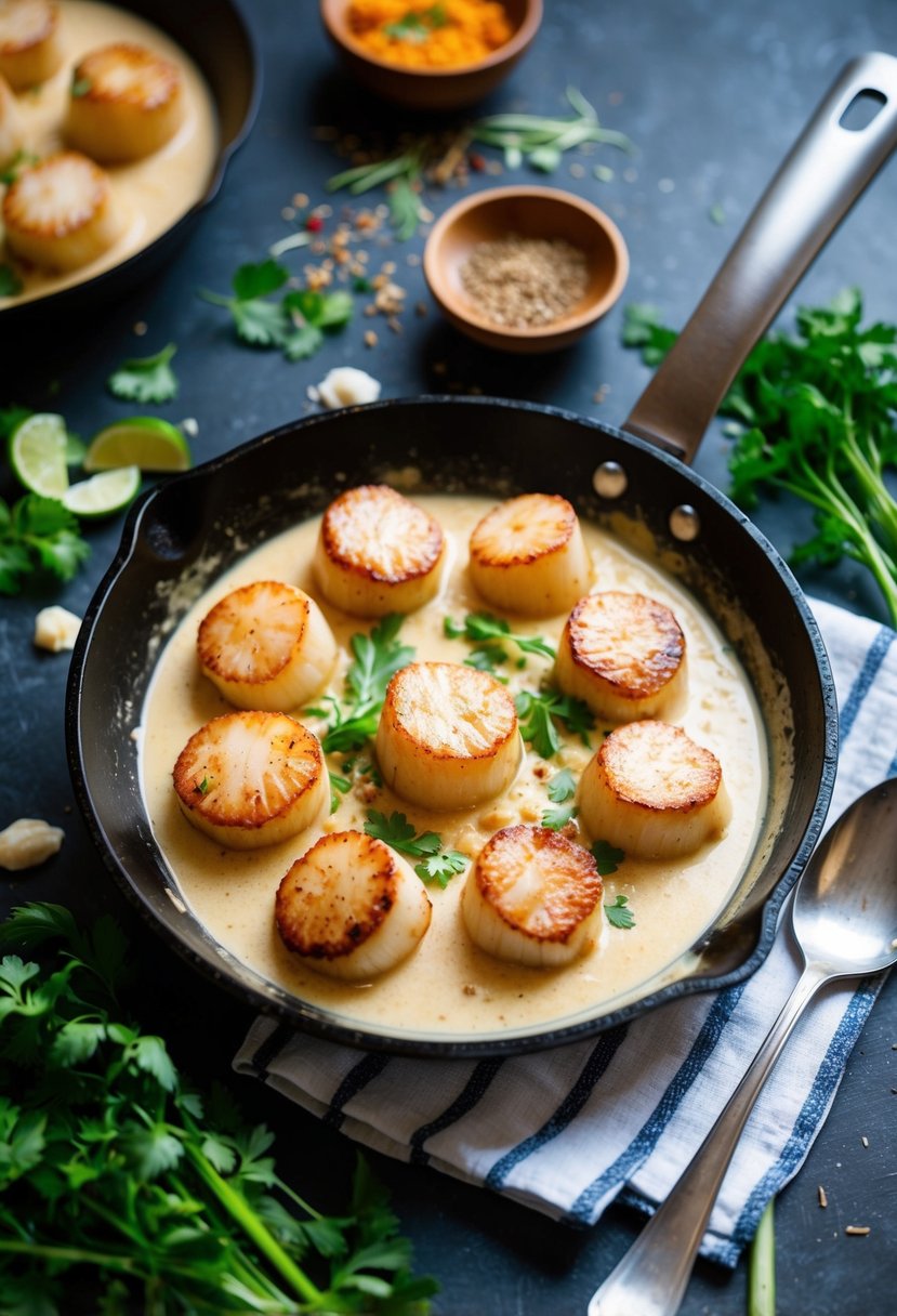 A sizzling skillet of seared scallops in a creamy coconut sauce, surrounded by vibrant Thai herbs and spices