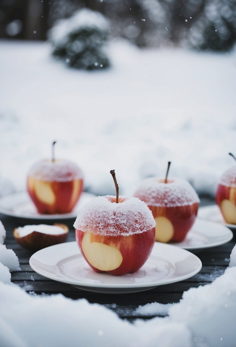 A table set with frozen apple desserts surrounded by snow