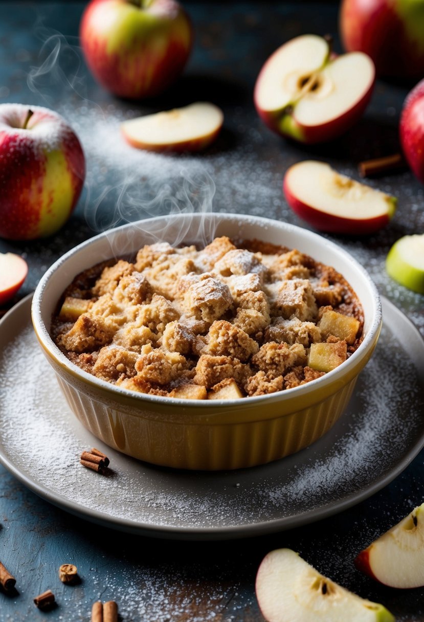 A steaming apple cinnamon crumble dessert sits on a rustic table, surrounded by scattered frozen apple slices and a dusting of powdered sugar