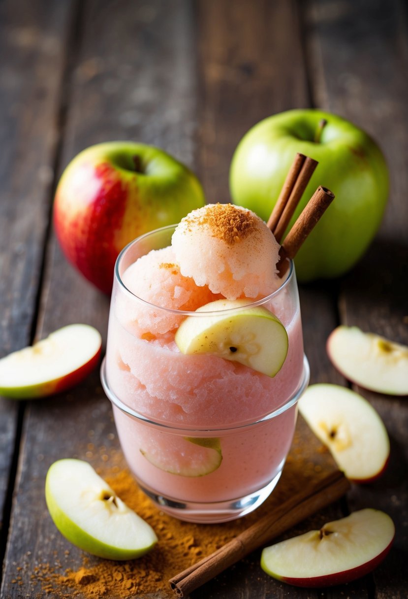 A glass filled with frozen apple slushies, surrounded by fresh apple slices and a sprinkle of cinnamon, sitting on a rustic wooden table