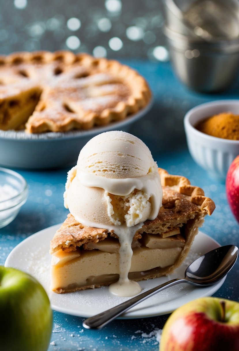 A scoop of apple pie ice cream sits atop a slice of frozen apple pie, surrounded by dessert ingredients