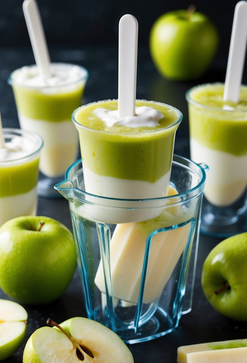 Fresh green apples and creamy yogurt blend in a blender. Mixture poured into popsicle molds and frozen. Vibrant, refreshing apple yogurt popsicles