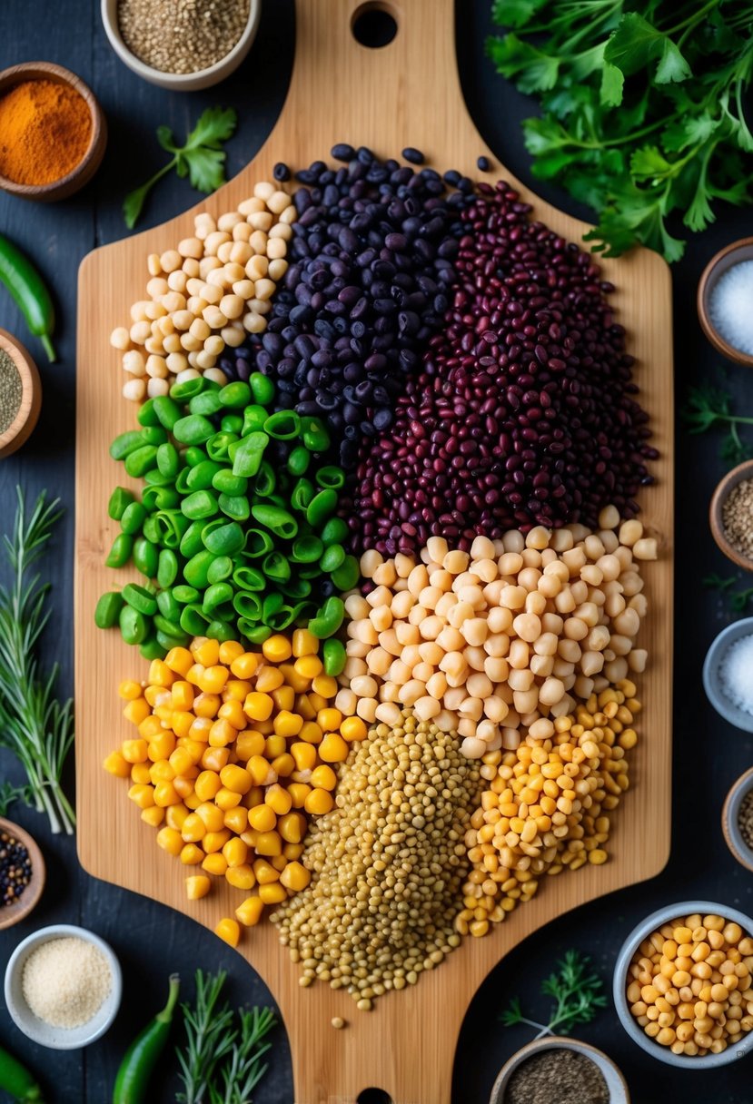 A colorful array of assorted beans, lentils, and chickpeas arranged on a wooden cutting board, surrounded by fresh herbs and spices