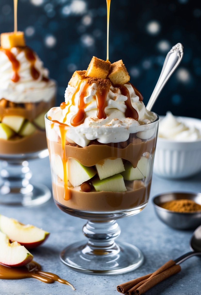 A glass parfait dish layered with caramel, frozen apple chunks, and whipped cream, topped with a drizzle of caramel sauce and a sprinkle of cinnamon