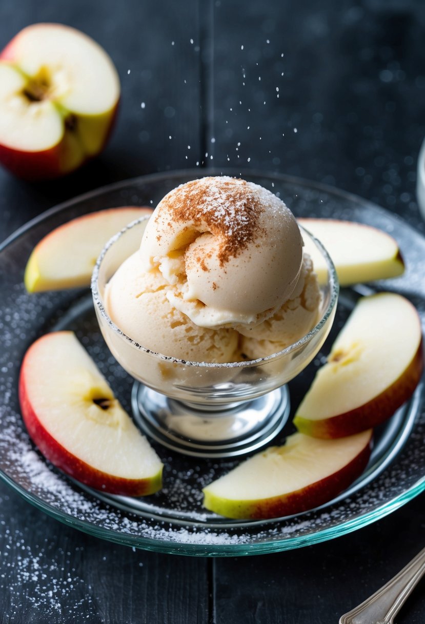 A scoop of apple sorbet topped with cinnamon, surrounded by frozen apple slices and a sprinkle of powdered sugar on a chilled glass plate