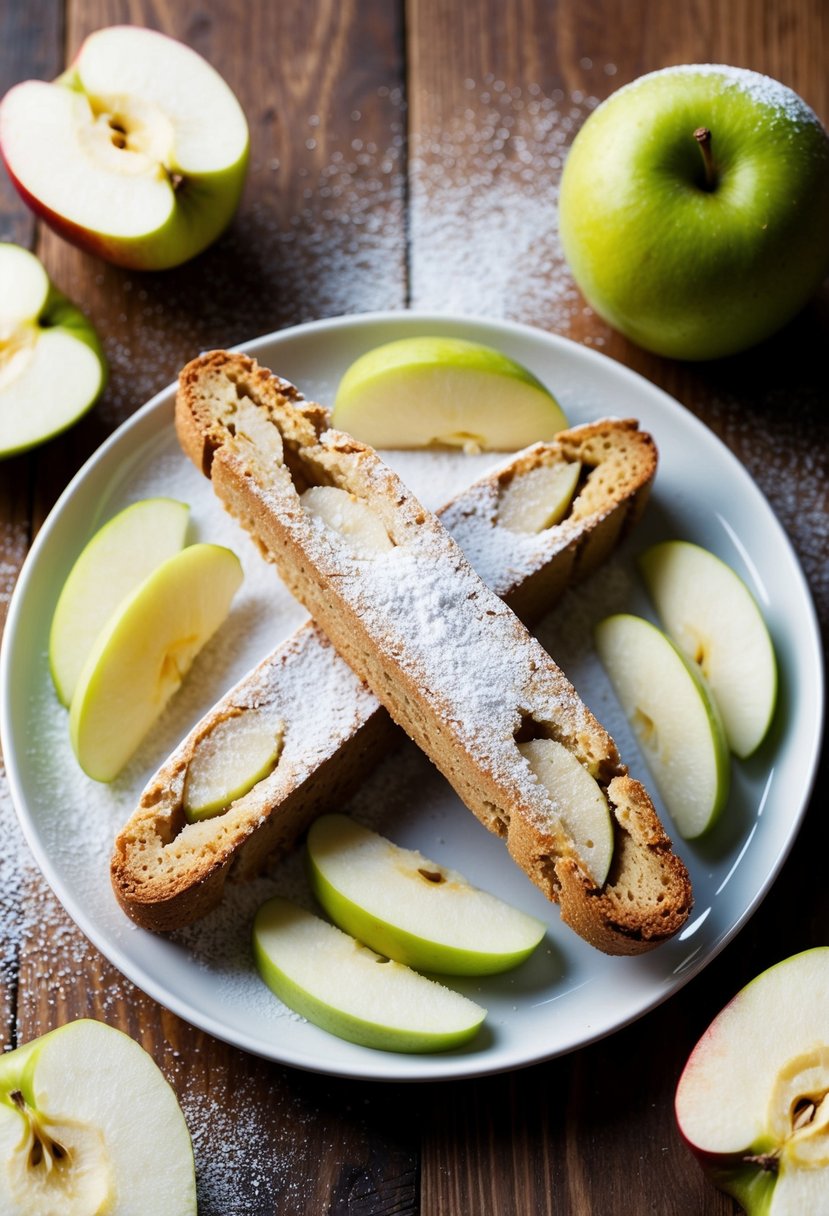 A plate of frozen apple biscotti surrounded by fresh apple slices and a dusting of powdered sugar on a wooden table