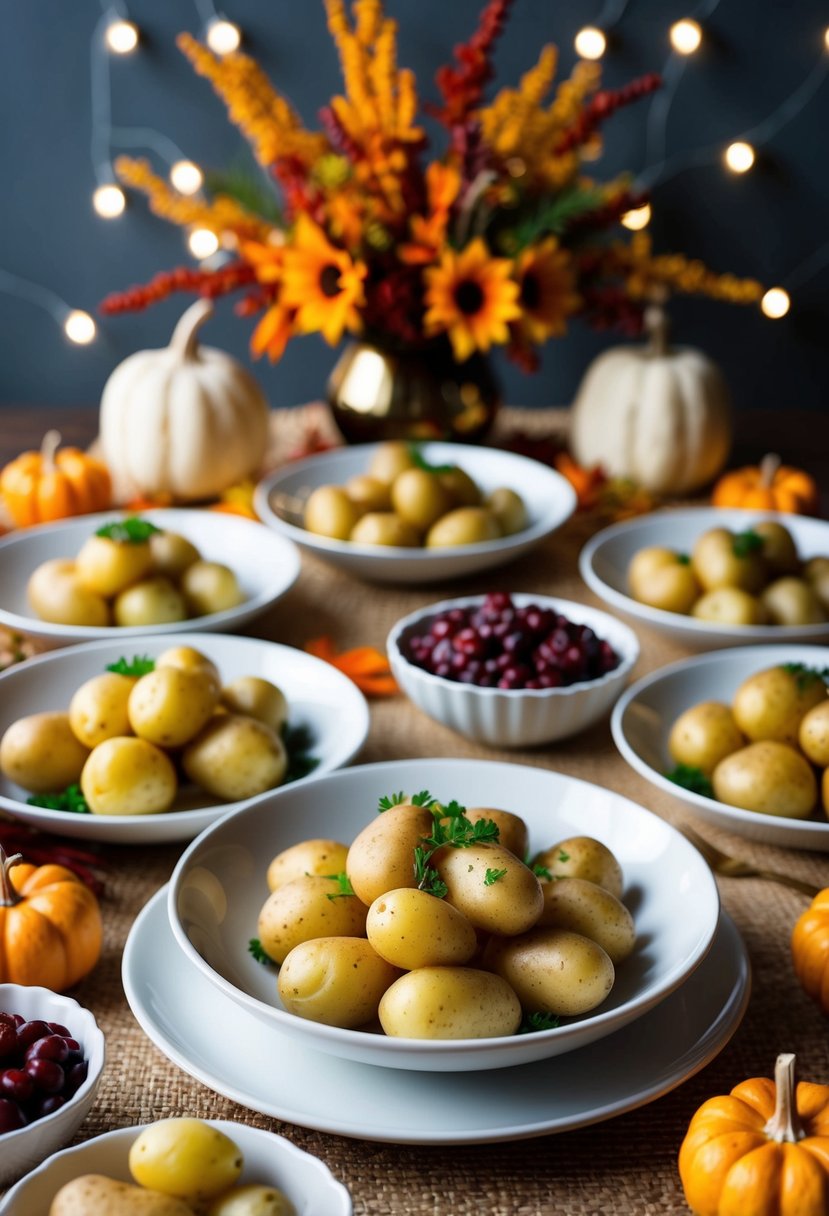 A table set with various potato dishes, surrounded by fall decorations