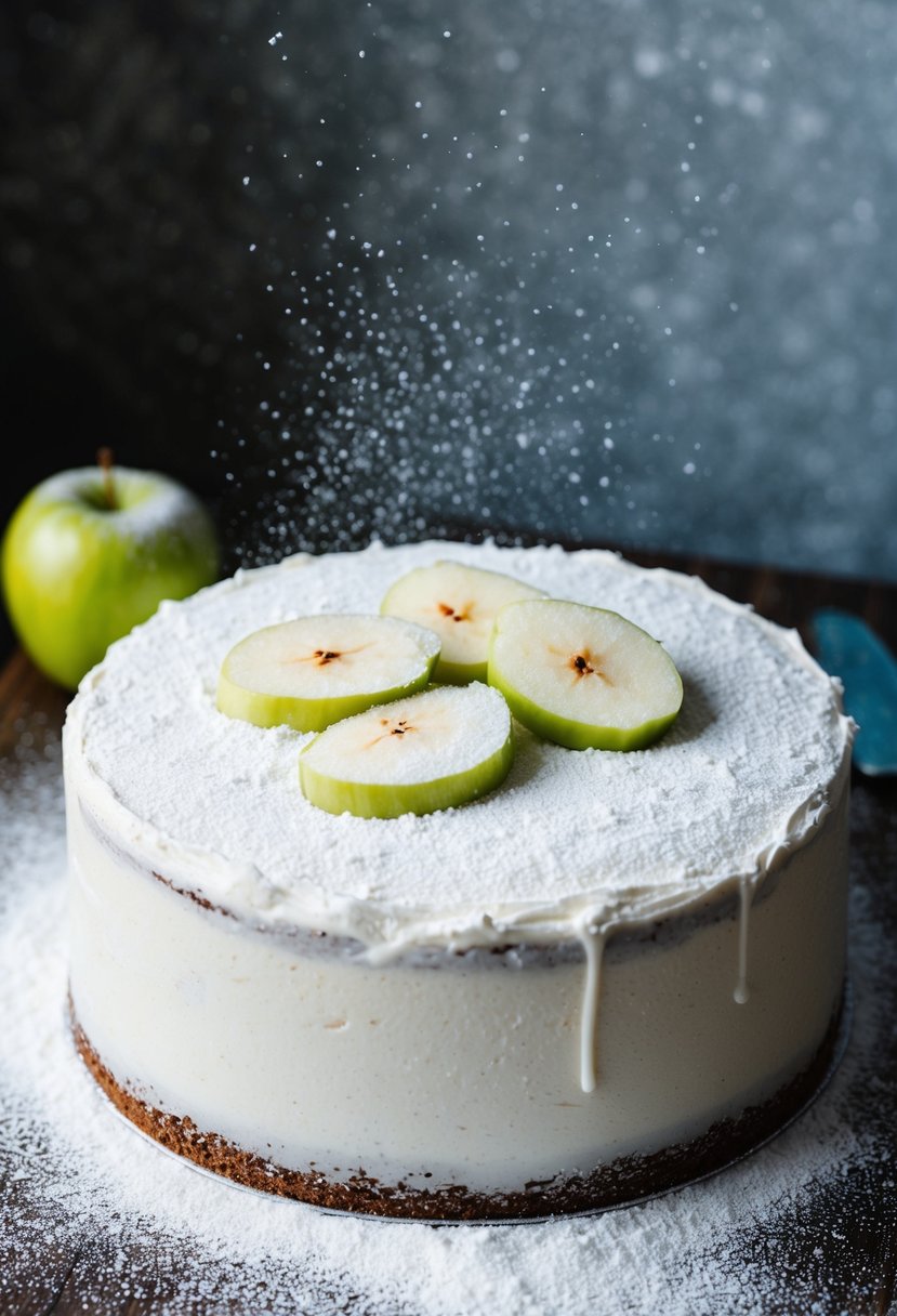 A round cake covered in snow-like frosting, adorned with frozen apple slices and dusted with powdered sugar