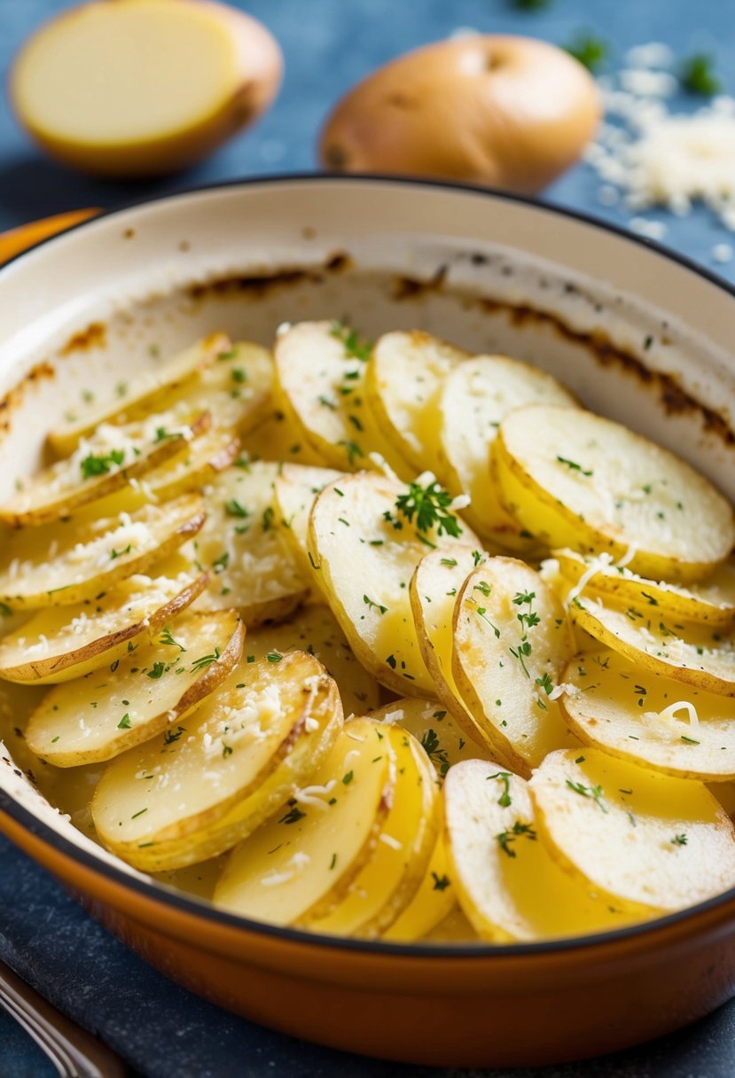 A golden-brown potato gratin sits in a ceramic dish, creamy layers of thinly sliced potatoes topped with a sprinkling of herbs and cheese