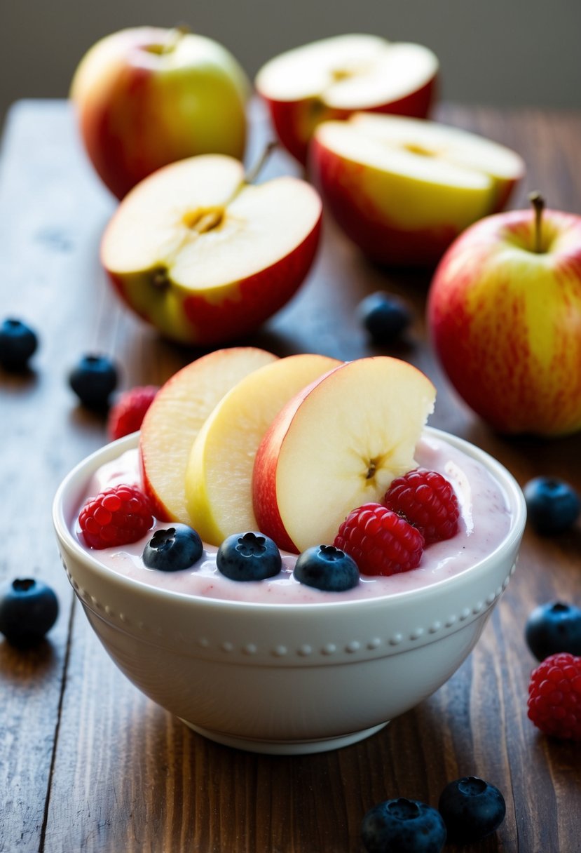 A bowl of frozen yogurt topped with sliced apples and berries on a wooden table