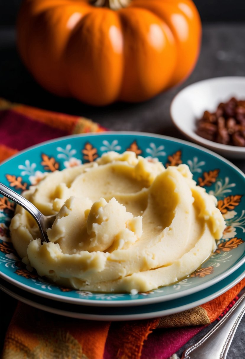 Creamy mashed potatoes being scooped onto a festive Thanksgiving plate