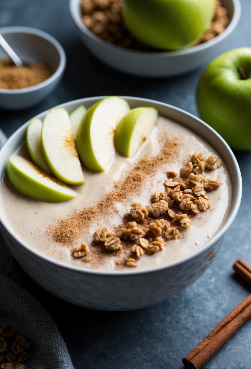 A bowl filled with a creamy apple cinnamon smoothie, topped with sliced apples, cinnamon, and granola